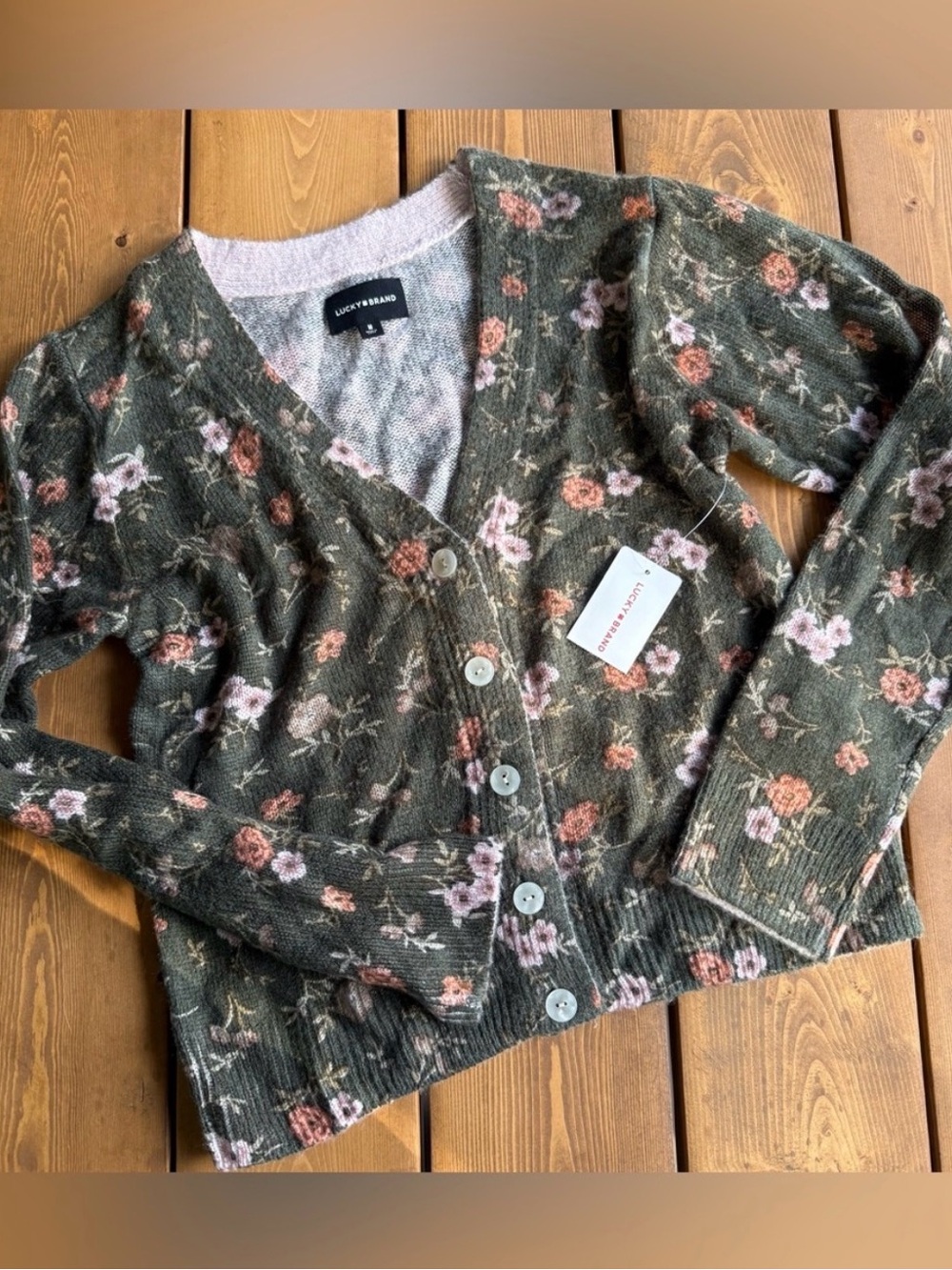 Lucky Brand Olive Green Floral Button Cardigan with Pink & Rust Blooms NWT Med